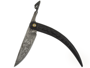 Canivete Friction Folder para colecionador em Aço Damasco. Empunhadura em Chifre de Boi Escalavrado, 22 cm