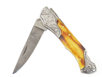 Canivete para colecionador forjado em aço damasco com empunhadura em chifre de boi, 18 cm