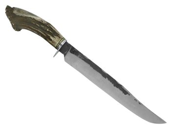 Adelar Filippon faca javalizeira brüt forge para colecionador, forjada em aço 5160. Empunhadura em chifre de cervo, 42 cm