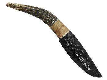 Faca para colecionador em Obsidiana Negra. Empunhadura em chifre de cervo, 29 cm
