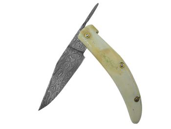 Canivete friction folder para colecionador em aço damasco. Empunhadura em osso, 20cm