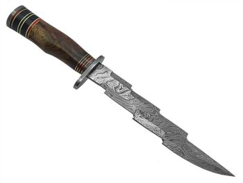 Faca Kriss para colecionador forjada em aço damasco. Empunhadura em rádica de roseira, 36 cm
