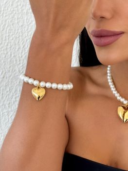 Pulseira com Pérola, Pingente Coração Semi Joia