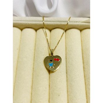 Colar com pingente coração preenchido com menino banhado em ouro 18k
