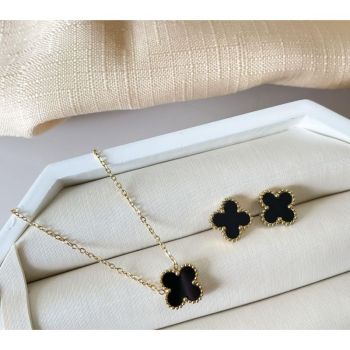 Conjunto de colar e brinco trevo preto com bolinha banhado em ouro 18k
