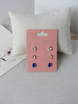 BRINCO CARTELA FOLHEADO A OURO - TRIO GOTINHA ZIRCONIA CRISTAL/ ROSA/ AZUL ESCURO