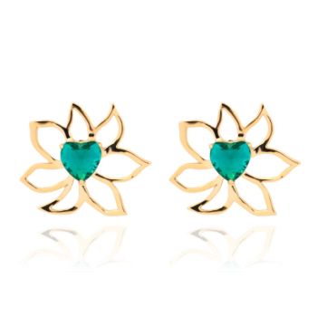 Brinco Pétala de Flor com Cristal Verde Banhado a Ouro 18k