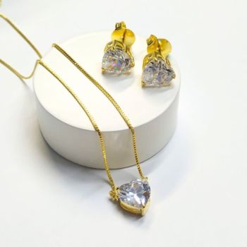 Conjunto Coração de Cristal Banhado a Ouro 18k