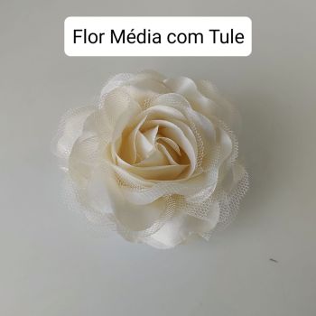 Broche Flor Média com Tule cor Off White