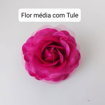 Broche Flor Média com Tule cor Rosa Pink