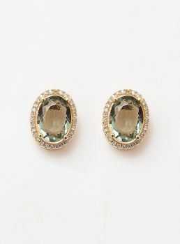 BRINCOS NINA CRISTAL OVAL AMETISTA VERDE ZIRCÕNIA BANHO OURO