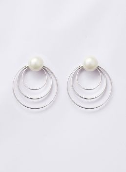 BRINCOS ASTRAL ESPIRAL PÉROLA BANHO RÓDIO BRANCO