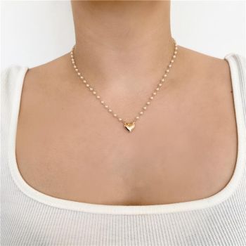 COLAR PEROLAS PINGENTE CORAÇÃO 45CM BANHO OURO 18K