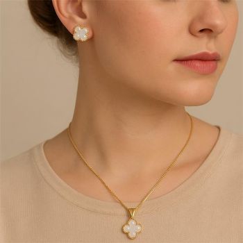  CONJUNTO TREVO MADRE PÉROLA BANHO OURO 18K