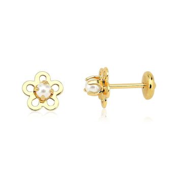 Brinco Infantil Flor com Pérola Tarraxa Baby Folheado a Ouro 18k