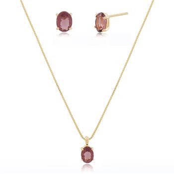 Conjunto Together Oval Pingente Ametista Rosa Banho Ouro 18k