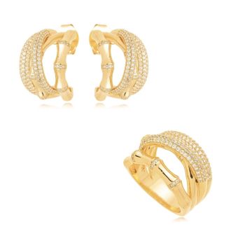 Conjunto Dual Bambu Cravejado Banho Ouro 18k