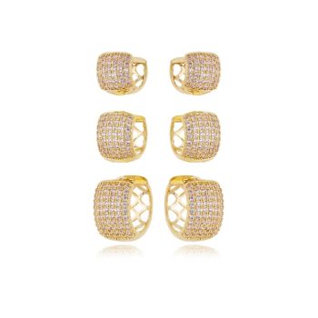 Brinco Essentials Trio Argolas Todo Em Zirconias Banho Ouro 18k
