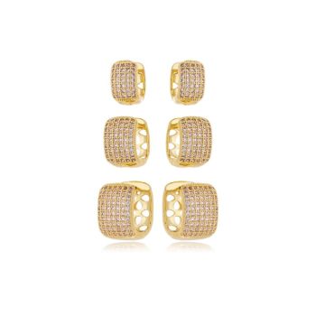 Brinco Essentials Trio Argola Retangular Zirconias Banho Ouro 18k