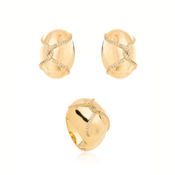 Conjunto Vita Aurea Brinco Oval + Anel Cravejado Banho Ouro 18k