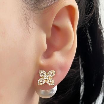Brinco Essentials Ear Jacket Flor Zirconia Perola Banho Ouro 18k
