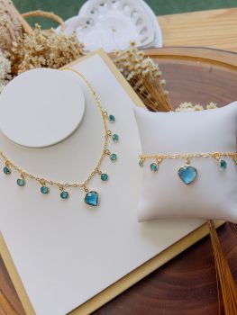 Cojunto Folheado a Ouro Tiffany Coração Azul 4698