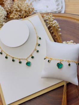 Cojunto Folheado a Ouro Tiffany Coração Esmeralda 4699