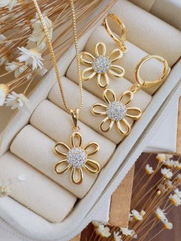 Conjunto Folheado a Ouro Micro Zircônia Flor 8058