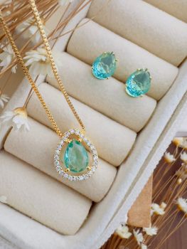 Conjunto Folheado a Ouro Micro Zircônia Gota Verde 8062