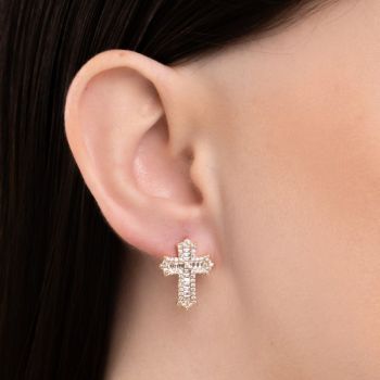 Brinco Pequeno Banho de Ouro 18K Cruz Trabalhada Cravejada (1,5cm)
