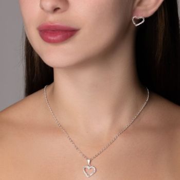 Conjunto Banho de Prata Brinco e Colar com Elos 1x1 e Pingente de Coração Frisado Vazado