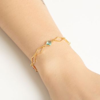 Pulseira Dourada com Losangos Frisados e Detalhes em Pedras Coloridas (18cm)