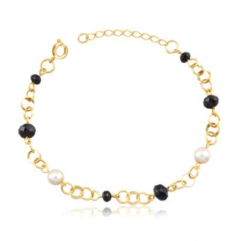Pulseira Dourada Elos Jateados com Detalhes de Pedras Mármore e Pérolas (16cm)