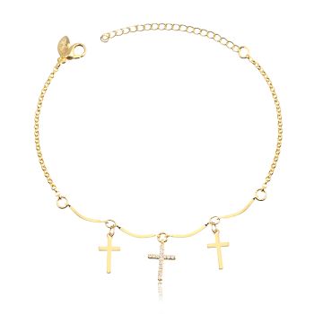 Pulseira Dourada Elos Português e Palitos Curvos com Cruz Lisa e Pedras de Zircônia (18cm) DE R$39,90 POR R$29,90