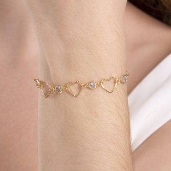 Pulseira Banho de Ouro 18k Elos Portugueses com Corações Vazados e Pedras de Zircônia (18cm)